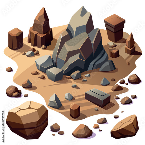 Cartoon stone and brown rock, 3D boulders and pebbles, pile of rubble and debris, isolated natural landscape elements, mountain cliff and rocky terrain, gravel game texture wall piece. Vector set 