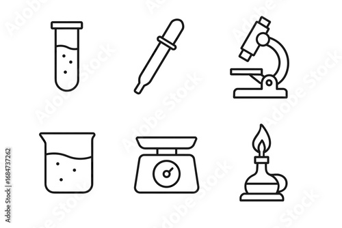 Minimalistic black and white icons of laboratory equipment