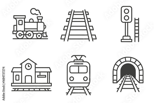 Set of train and railway icons featuring locomotive, tracks, and station elements
