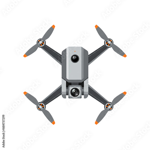 A modern gray drone with four propellers and a camera. This is a vector illustration perfect for themes of technology, photography, and aerial exploration.