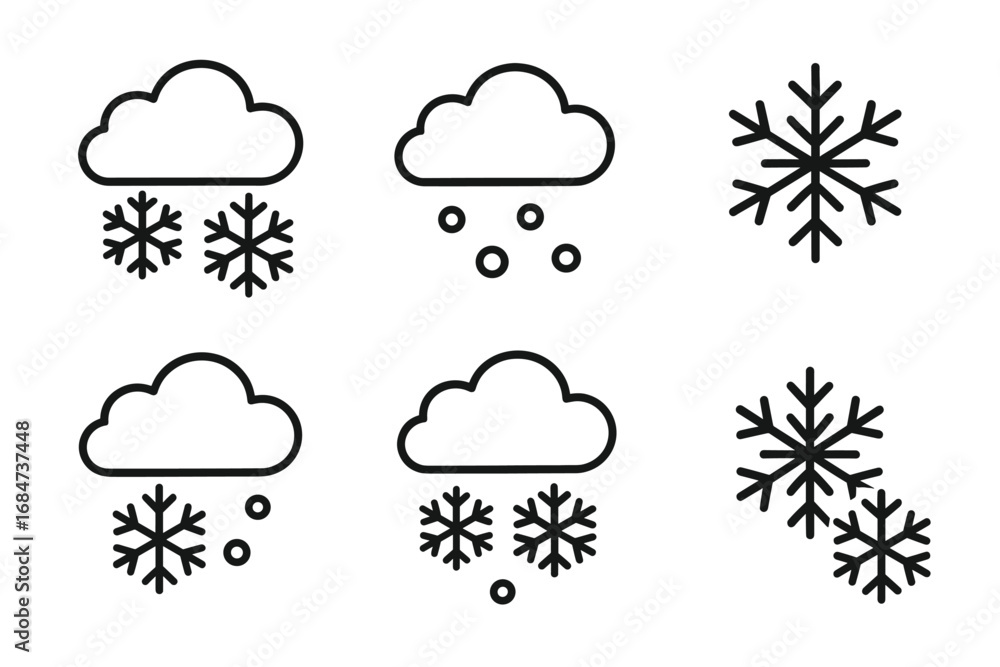 Obraz premium Weather icons set: snowy and cloudy symbols with snowflakes and clouds