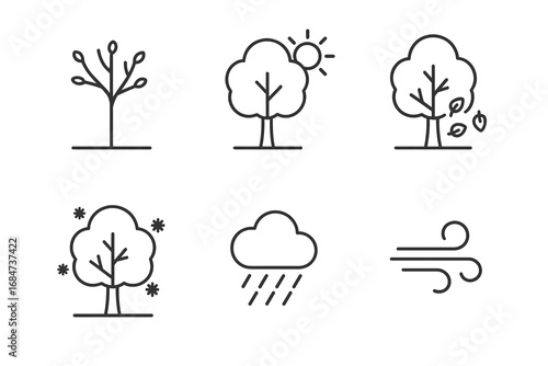 Simple line art representations of seasonal trees and weather elements