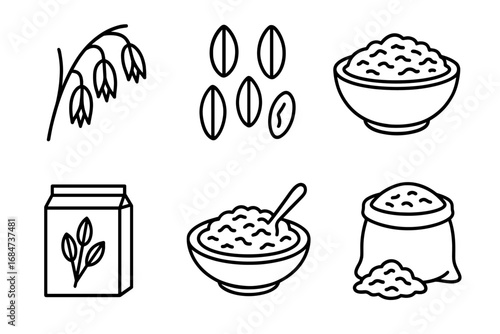 Oats line icons: grains, bowl, cereal box, porridge, flour sack