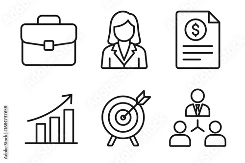 Business icons: briefcase, female professional, financial document, graph, target, teamwork