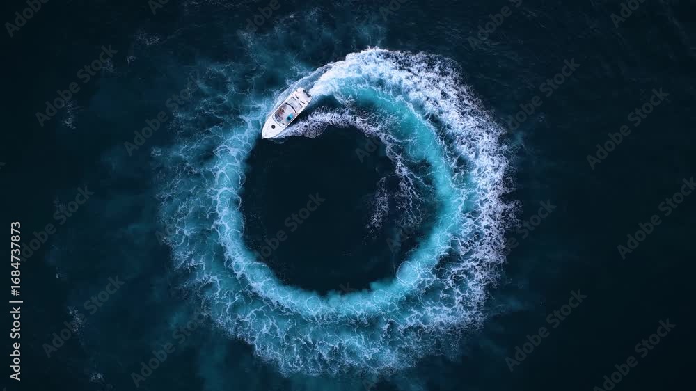 Aerial overhead view of a motorboat turning circles on the water surface and leaving a turquoise trail of wake and bubbles