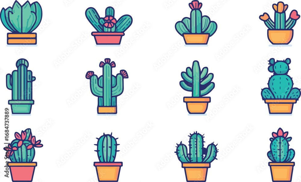Obraz premium Collection of twelve colorful potted cactus plants in various shapes and sizes on a white background