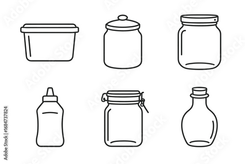 Set of various empty containers and bottles outline icons