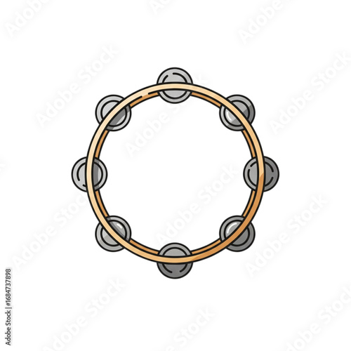 A tambourine with a wooden frame and metal jingles. This is a vector illustration perfect for themes of music, percussion, and celebration.