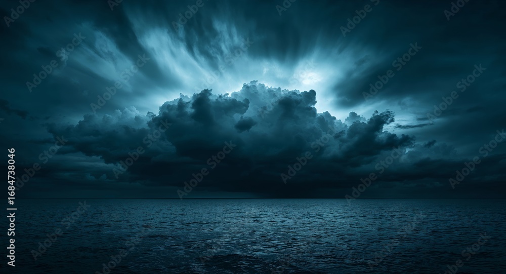 Fototapeta premium Azure Abyss. A Confluence of Sea and Sky Under a Tempestuous Twilight.