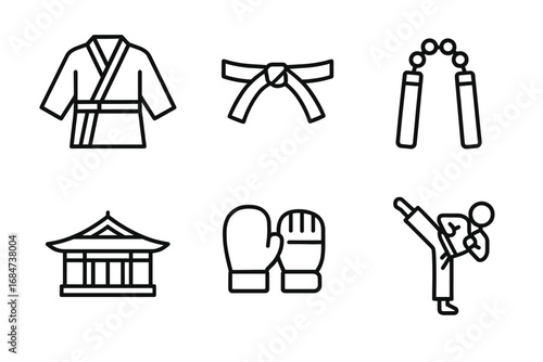 Martial arts icons: gi, belt, nunchaku, dojo, gloves, and kick pose
