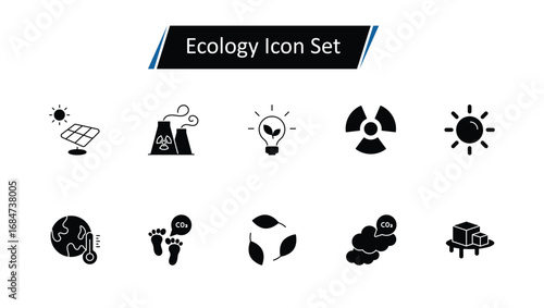 Ecology Icon Set: Sustainable Environment, Conservation, Renewable Energy, Biodiversity, Climate Action, Recycling, and Green Future Vector Illustrations