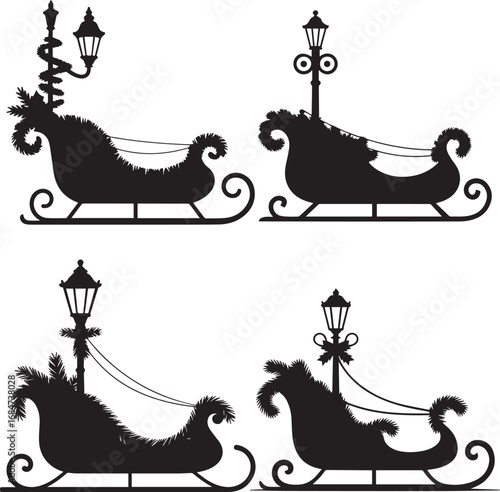 Four ornate sleigh silhouettes with vintage lamps for festive holiday designs