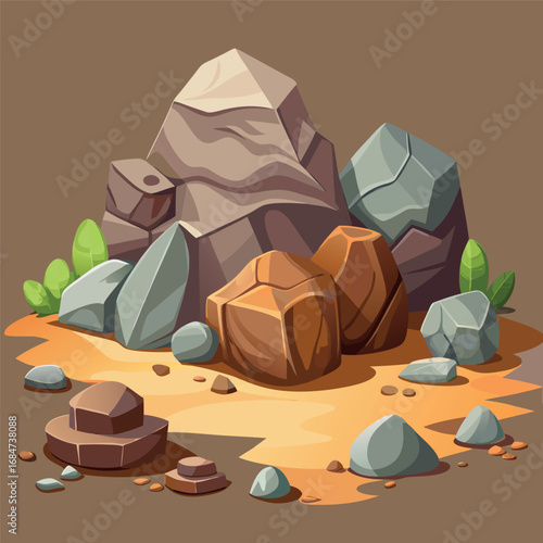 Cartoon stone and brown rock, 3D boulders and pebbles, pile of rubble and debris, isolated natural landscape elements, mountain cliff and rocky terrain, gravel game texture wall piece. Vector set 