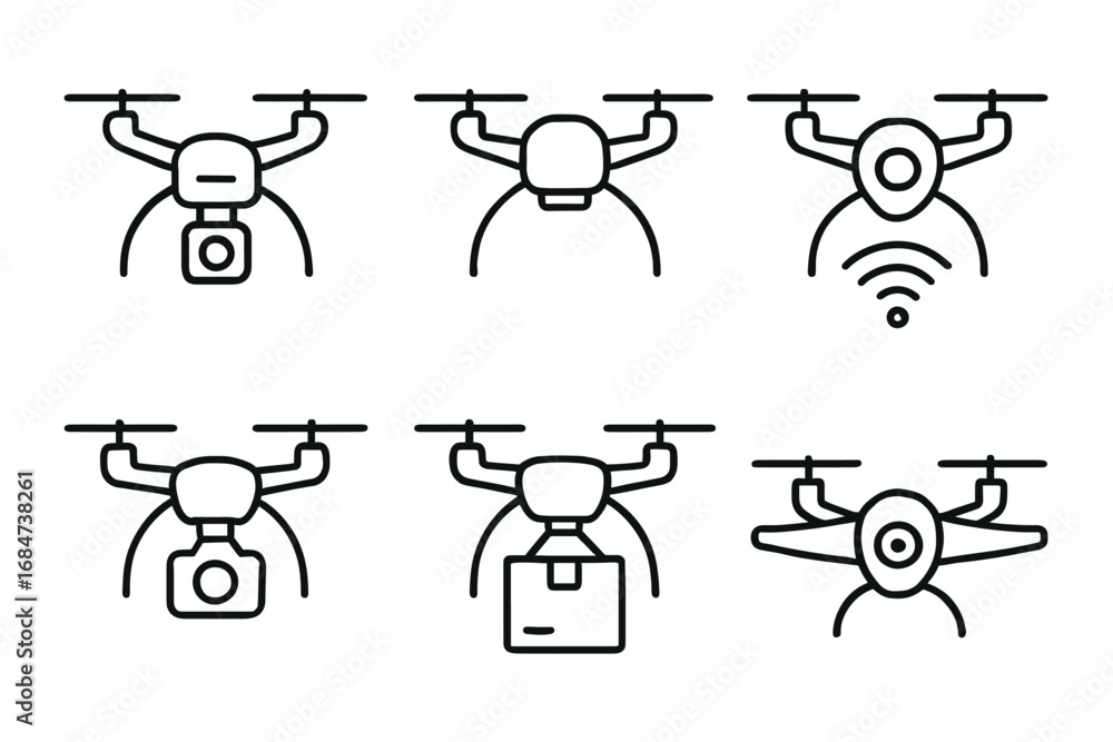 Fototapeta premium Icon set of drones with camera, package delivery, and wi-fi features