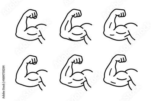 Set of six flexed arm illustrations displaying muscle growth progression