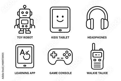 Collection of technology icons featuring toy robot kids tablet headphones learning app game console walkie talkie