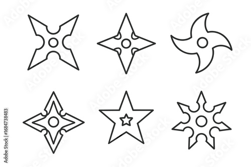 Set of black ninja stars in various shapes and styles