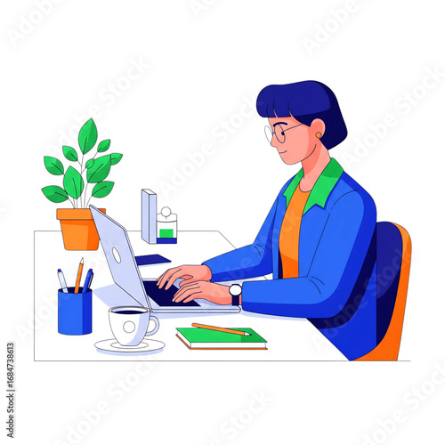 A woman working on her laptop at an office desk. This vector illustration is perfect for themes of business, remote work, productivity, and technology.