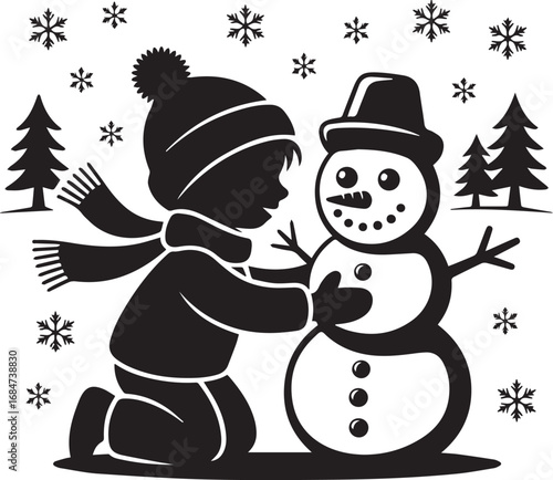 Child building a snowman enjoying a winter wonderland with falling snowflakes and pine trees