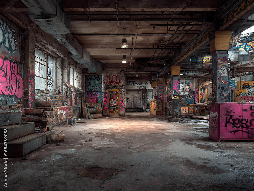Obraz premium An abandoned factory with graffiti on its walls, illustrating urban decay and artistic expression.