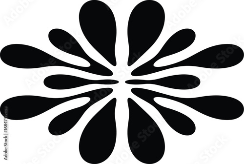 A symmetrical black and white abstract design featuring teardrop shaped elements radiating outwards evenly