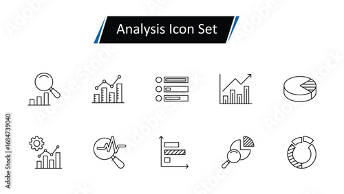 Analysis Icon Set: Data Charts, Business Reports, Market Research, Financial Graphs, and Statistical Analytics Vector Illustrations