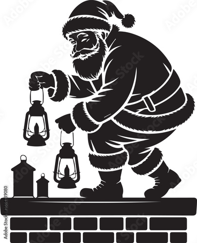 Silhouette of santa claus descending chimney with lanterns on christmas eve holiday celebration