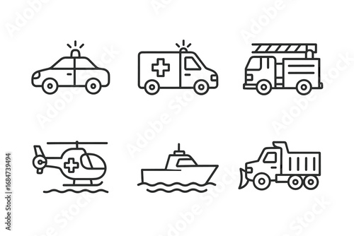 Emergency vehicles icons set: police, ambulance, fire truck, helicopter, boat, snow plow