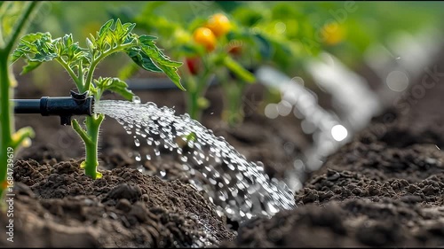Promoting healthy plant growth in agriculture with an efficient drip irrigation system. Close up shows farm garden watering, nurturing rich soil for bountiful harvest