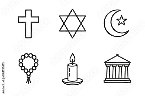 Symbols of major faiths: christianity, judaism, islam, meditation, candle, temple icons