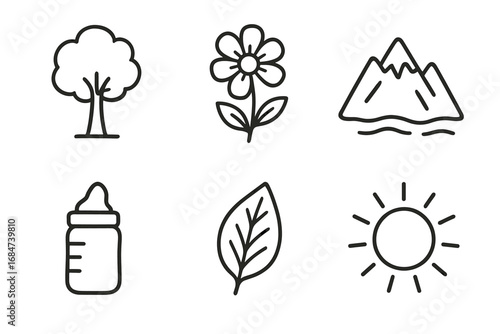 Simple nature and everyday icons: tree, flower, mountain, bottle, leaf, sun
