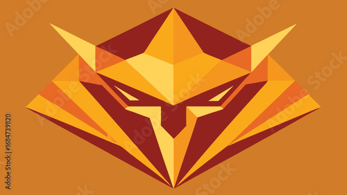Stylized geometric owl head logo with sharp angles and warm orange and brown tones abstract animal