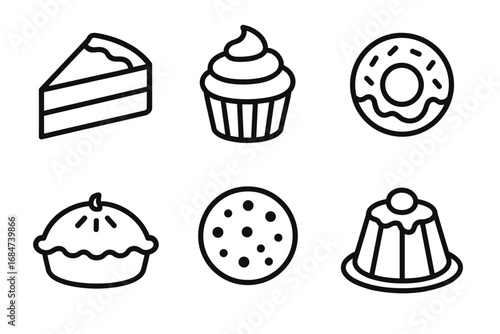 Line art desserts: cake, cupcake, donut, pie, cookie, and pudding illustrations