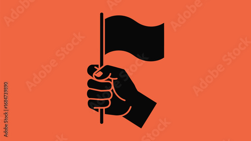 A graphic illustration of a clenched fist holding a black flag against a solid orange background view