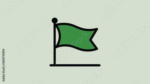 A simple illustration of a green flag with a black outline and pole on a light background color