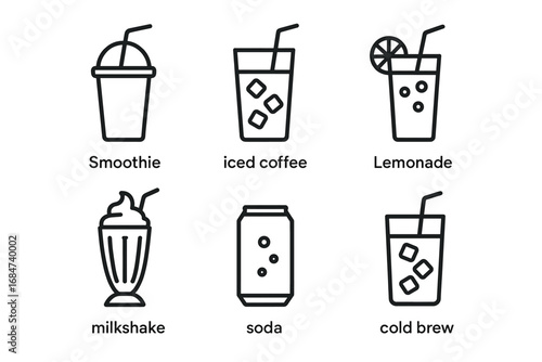Outlined beverage icons: smoothie, iced coffee, lemonade, milkshake, soda, cold brew