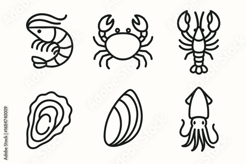 Seafood icons: shrimp, crab, lobster, oyster, mussel, squid line art collection