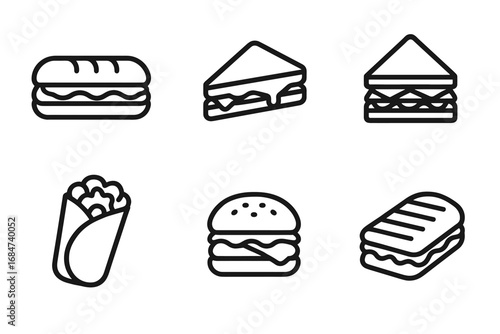 Minimalist fast food icons: sandwich, burger, wrap, panini, submarine