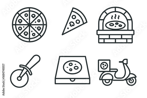 Pizza icons: oven, slice, box, scooter, cutter line art collection