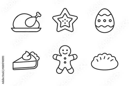 Holiday food icons: roast chicken, star, egg, pie, gingerbread, dumpling outline