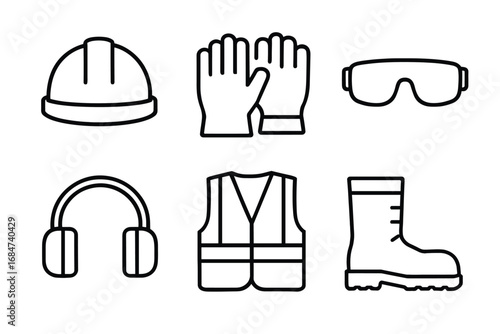 Construction safety gear icons: helmet, gloves, goggles, ear protection, vest, boots