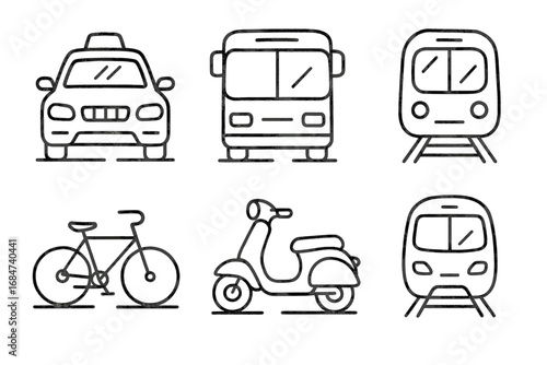 Simple line art illustrations of diverse transportation vehicles