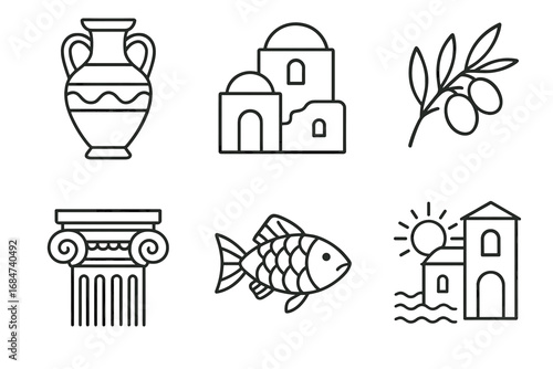 Greek culture icons: vase, architecture, olive branch, column, fish, seaside homes