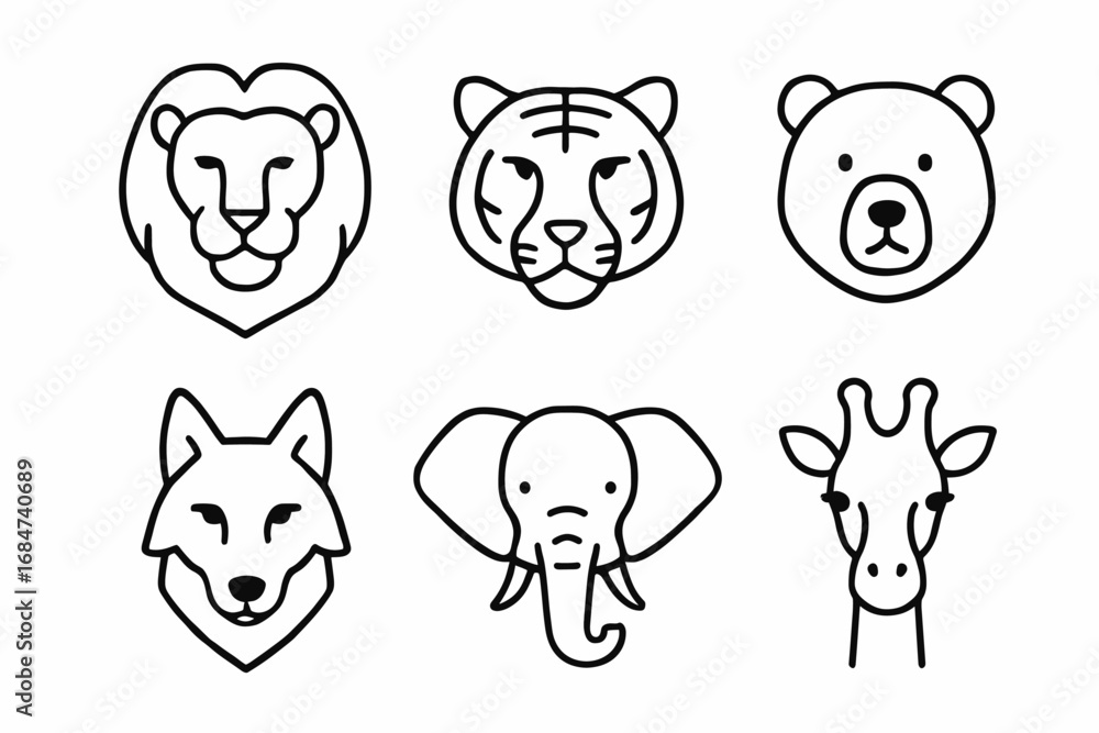 Obraz premium Simple animal line icons featuring lion, tiger, bear, wolf, elephant, giraffe