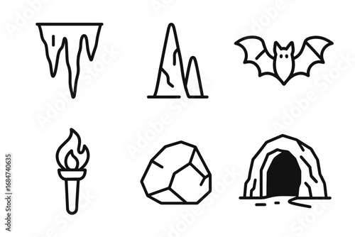 Set of cave and adventure icons: stalactite, stalagmite, bat, torch, rock, cave opening