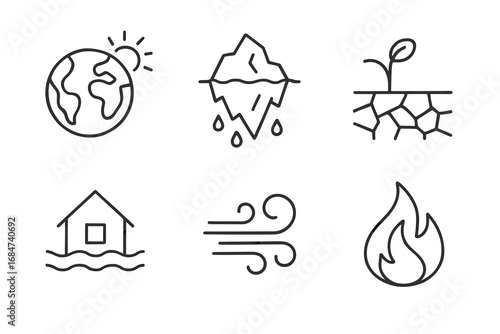 Natural disasters icons: earthquake, flood, drought, fire, wind, iceberg