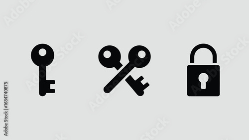 A simple illustration showing a single key, two keys crossed, and a closed padlock on a gray background