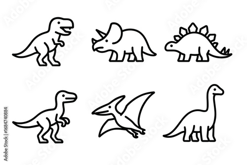 Simple dinosaur outlines of t-rex, triceratops, stegosaurus, velociraptor, pterodactyl, and brachiosaurus