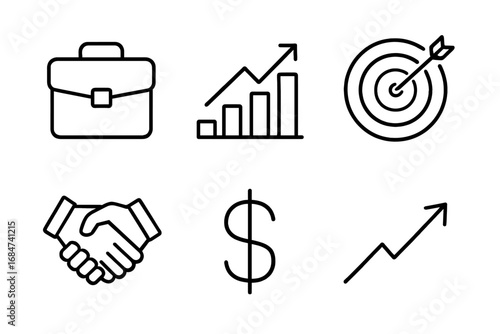 Business and financial growth icons: briefcase, chart, target, handshake, dollar, arrow