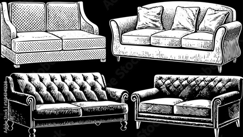 detailed set of hand-drawn decorative sofas and classic furniture pieces with soft cushions, illustrated for interior design inspiration, home decoration concepts, creative styling ideas, and artistic